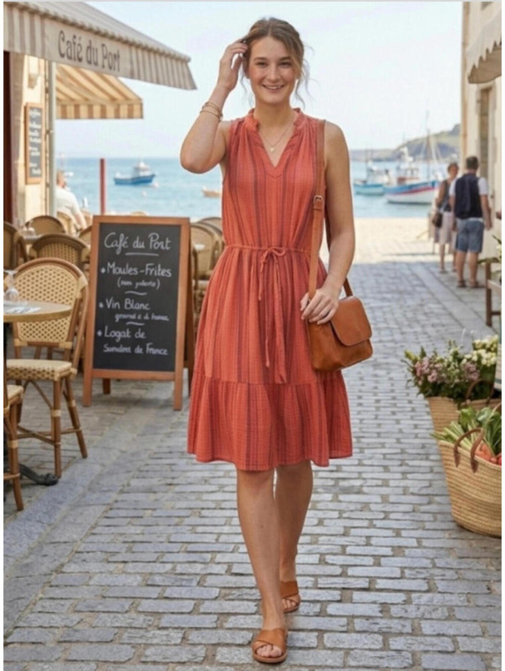 Sundance Adley‎ sz M Striped Gauze Tiered Midi Dress Coral Red Petite Boho BB